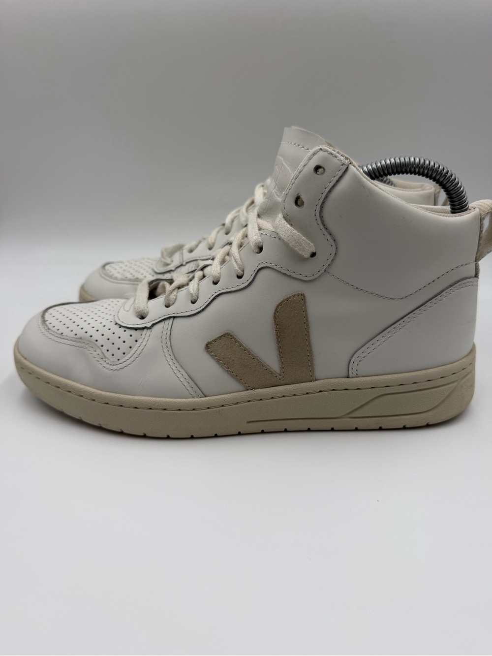 Veja Mid-Top Sneakers in White and Taupe Suede V